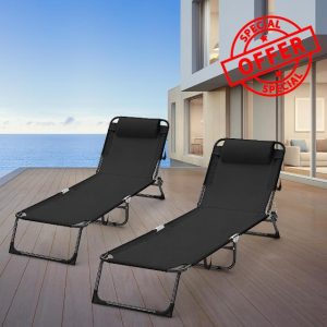 2 Pack Folding Chaise Lounge Chairs Outdoor Sun Tanning Chair for Outside Foldable Beach Chair with Pillow 5 Position Reclining Back Breathable Mesh Pool Chair for Beach Yard Lawn Patio(Black)