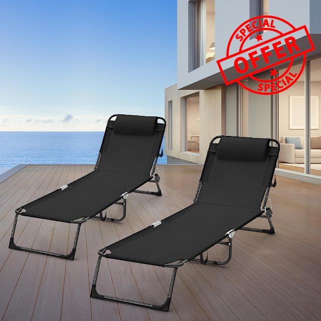 2 Pack Folding Chaise Lounge Chairs Outdoor Sun Tanning Chair for Outside Foldable Beach Chair with Pillow 5 Position Reclining Back Breathable Mesh Pool Chair for Beach Yard Lawn Patio(Black)