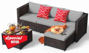 Outdoor Patio Sofa Set PE Wicker Rattan Sectional Conversation Sofa with a Glass Coffee Table for Backyard Porch Poolside Patio(Brown Rattan