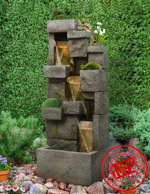 41.7" Outdoor Water Fountain Modern Floor-Standing Garden Tall 3 Tier Waterfall Fountain with LED Lights and Pump Outdoor Rock Decor for Porch