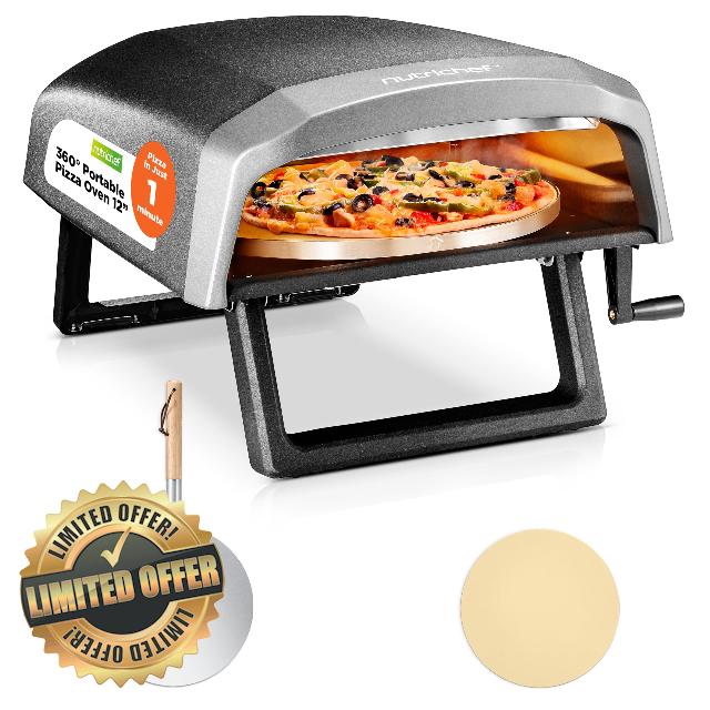 NutriChef Outdoor Pizza Oven with 360° Rotating Pizza Stone | Adjustable Heat Control Dial