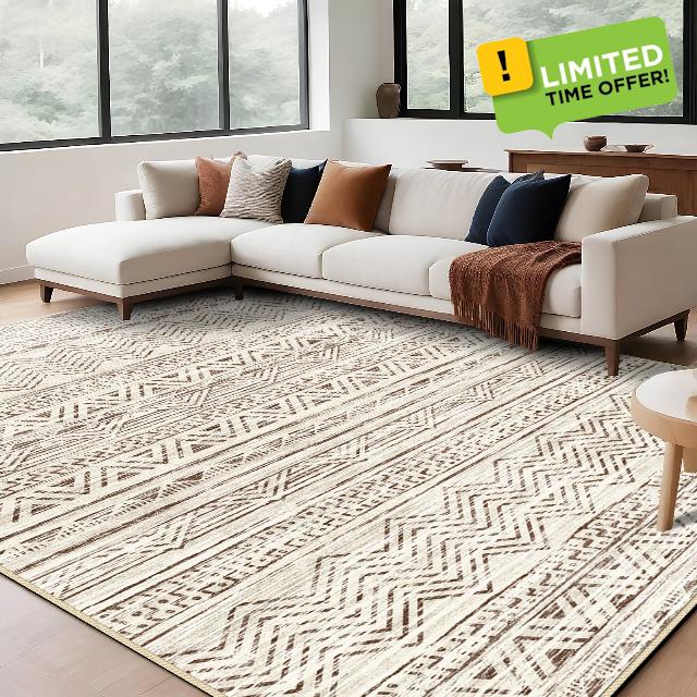 Moroccan 9x12 Washable Area Rug: Large Soft Farmhouse Washable Rugs for Living Room Bedroom Modern Machine Non-slip Neutral Geometric Indoor Floor Carpet for Home Office