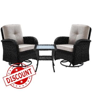 Outdoor Swivel Glider Rocker Chairs - Black Wicker 3 Piece Patio Set with Tempered Glass Side Table