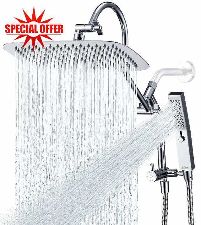 G-Promise All Metal 12 Inch Shower Head with Massage Mode Handheld