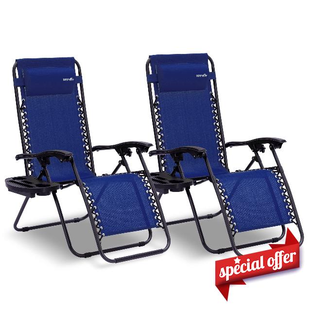 SereneLife SLZGHBLU29.5 Outdoor Adjustable Zero Gravity Lounge Chair Recliners with Plastic Cup Holder Side Table and Padded Headrest Pillows