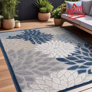 Beverly Rug Outdoor Rug 8x10 Modern Floral Tropical Area Rugs for Indoor and Outdoor Patio Easy to Clean Non Shedding Living Room Porch Garden Washable Outside Carpet (8 x 10 Blue)
