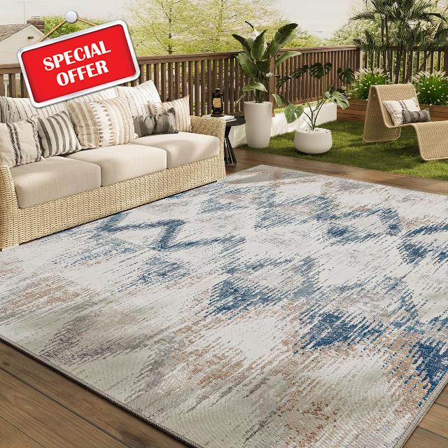 COCOER Outdoor Rug 8x10-Easy-Jute Rug-Quick Dry Indoor Outdoor Area Rug-Blue Rugs for Living Room-Absorbent Patio Rug-Non Slip Outdoor Carpet-Morocco Washable Rug-Room Decor for Balcony Deck
