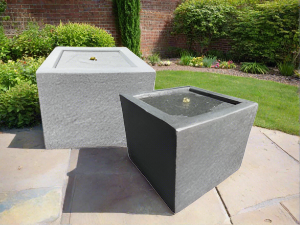 Square Water Feature with LED Lights - Solar or Plug Powered - Light or Dark Grey