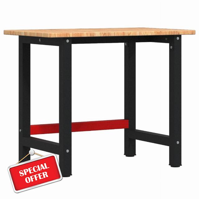 idaXL Workbench Light Brown 100x60x81.5 cm - Solid Oak Wood - Rectangular Work Table with Powder-Coated Metal Frame - Ideal as Tool Bench or Work Desk ```