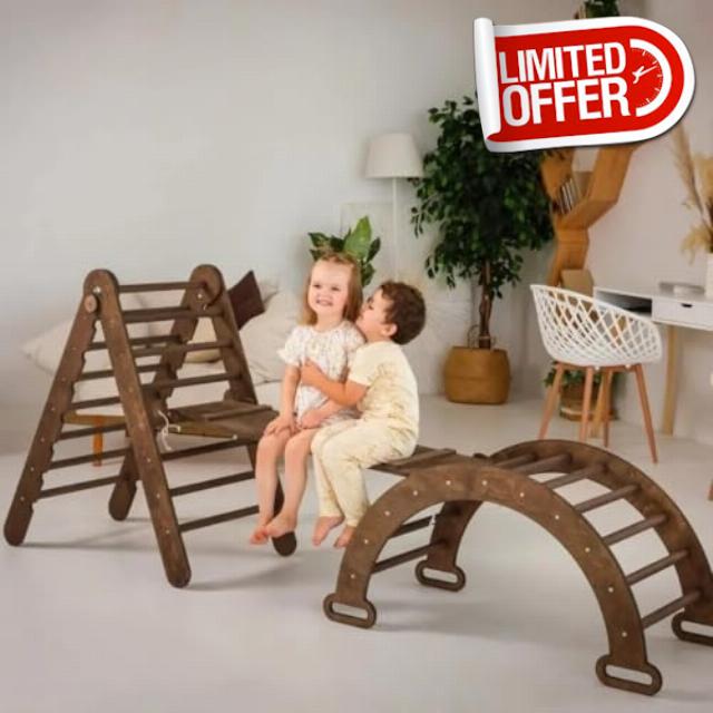 3 in 1 Montessori Indoor Climbing Set for Toddlers - Wooden Play Gym for Kids Triangle Ladder & Arch & Climbing Ramp - Baby Gym Climbing Frame for Toddlers Playground Age 1-7 XL Size