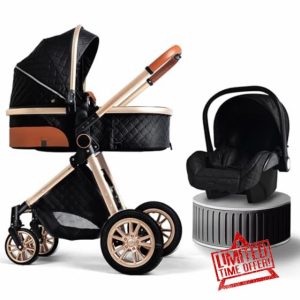Baby Travel System Infant 3 in 1 Baby Stroller Pushchair High Landscape Reversible Foldable Portable Stroller Newborn Pram Reclining Baby Carriage (Black)