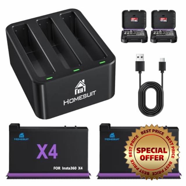 Homesuit Insta360 X4 Replacement Battery 2500mAh and Triple Micro USB Charger Compatible with Insta360 ONE X4 Action Camera Accessories with Misro SD Card Slots (2-Pack)