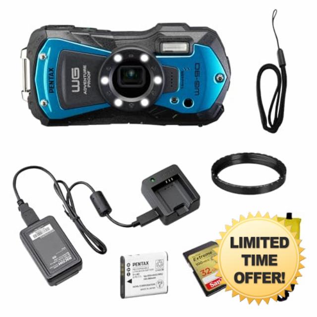 Pentax WG-90 Waterproof Digital Camera (Blue) | 2.7" LCD Monitor with 32GB Extreme UHS-I SDHC Memory Card and Waith Camera Strap (Yellow) (Essential Bundle)