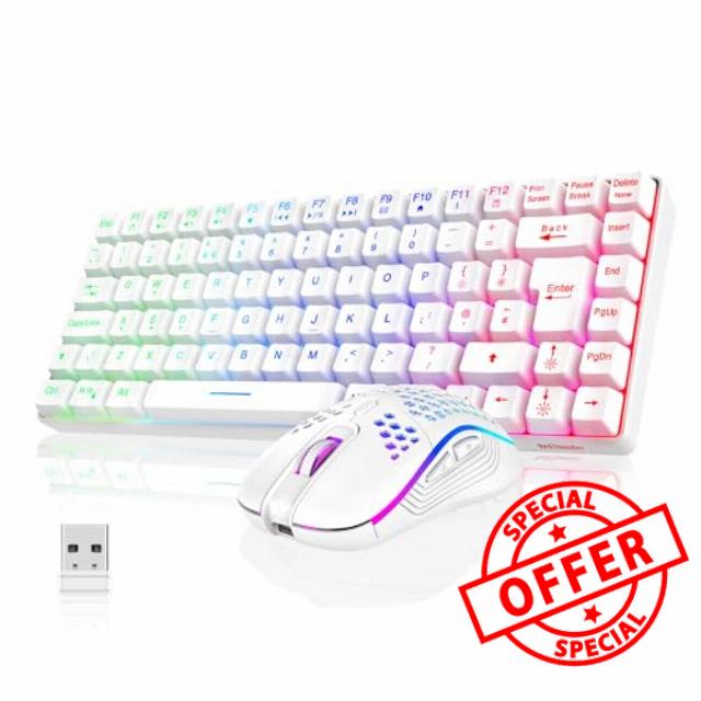 RedThunder K84 75% Wireless Gaming Keyboard and Mouse Rainbow Backlight UK Layout 85 Keys TKL Ultra Compact Mini Design Lightweight Honeycomb Gaming Mouse for PC Mac PS5 Xbox Office Gamers (White)
