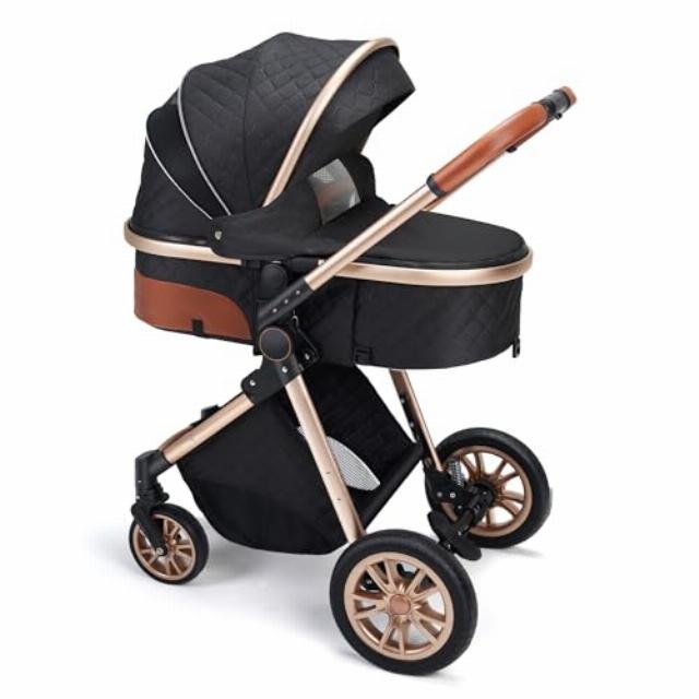 Baby Travel System Infant 3 in 1 Baby Stroller Pushchair High Landscape Reversible Foldable Portable Stroller Newborn Pram Reclining Baby Carriage (2 in 1 Black)