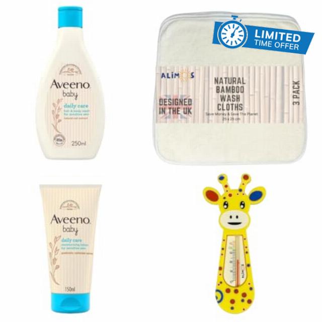 Alimos Bath Bundle With Bath Thermometer & Bamboo Wash Cloths Bundled With Aveeno Baby Daily Care Hair & Body Wash 250ml And Daily Care Moisturising Lotion 150ml