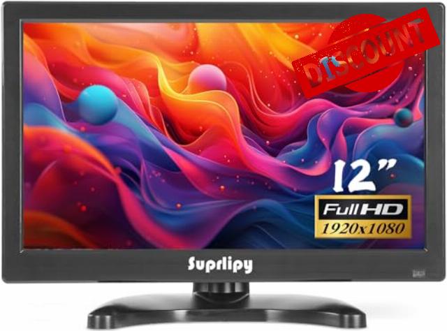 12 inch FHD Small IPS Monitor LCD Display Screen 1920x1080 60Hz 16:9 with BNC VGA AV Input Built-in Lounspeakers for CCTV Security Camera DVR PC RasPi