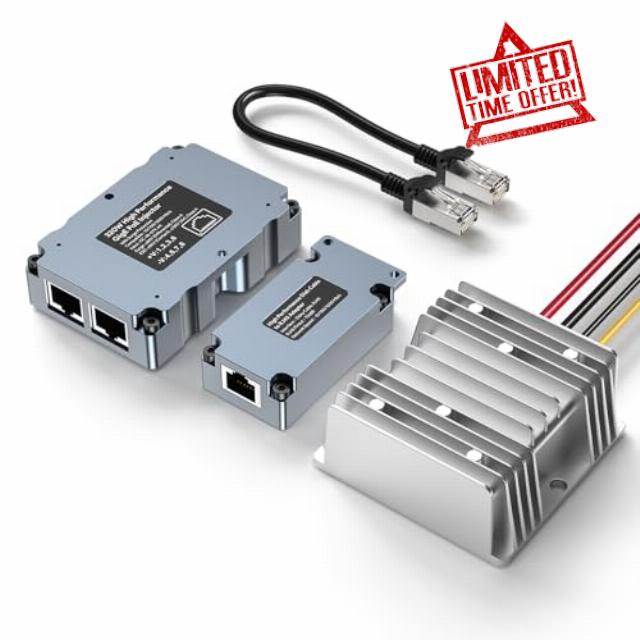 XLTTYWL Starlink HP PoE Injector - 320W GigE Passive Aluminum Surge & ESD Protection with Starlink to RJ45 Adapter and DC Converter 48V/6A-288W