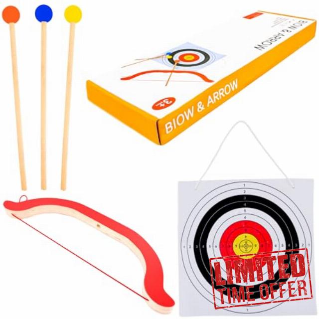 Swakuta 5 Pcs Kids Wooden Bow and Arrow Set Wooden Archery Toy Include 1 Bow 1 Target 3 Arrows for Girls Boys Party Gifts Indoor and Outdoor Play Toys