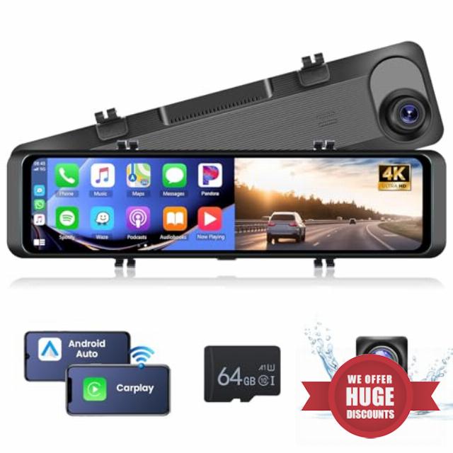 Hodozzy 4K Car Mirror Dash Cam Wireless Carplay Android Auto