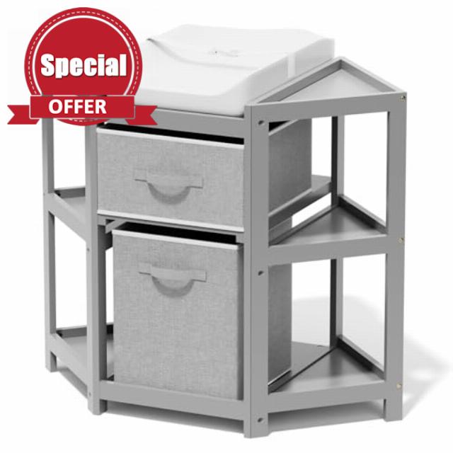Glaf Baby Corner Changing Table Diaper Changing Station with Storage Drawers Laundry Hamper and Pad Multifunctional Changing Station for Infant (Grey)