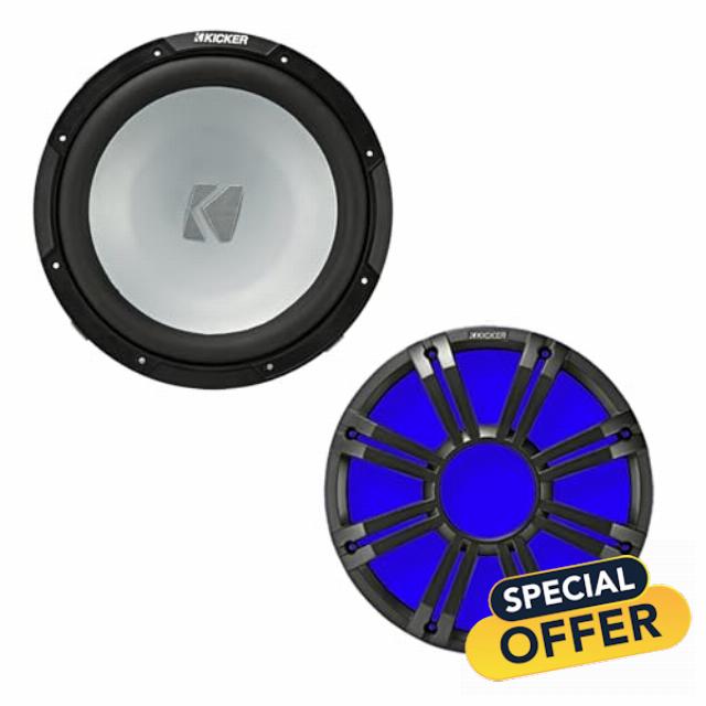 KICKER 10" 350 Watt Peak Power 4-Ohm SVC Freeair Marine Audio Subwoofer with Charcoal RBG Multicolor LED Grilles