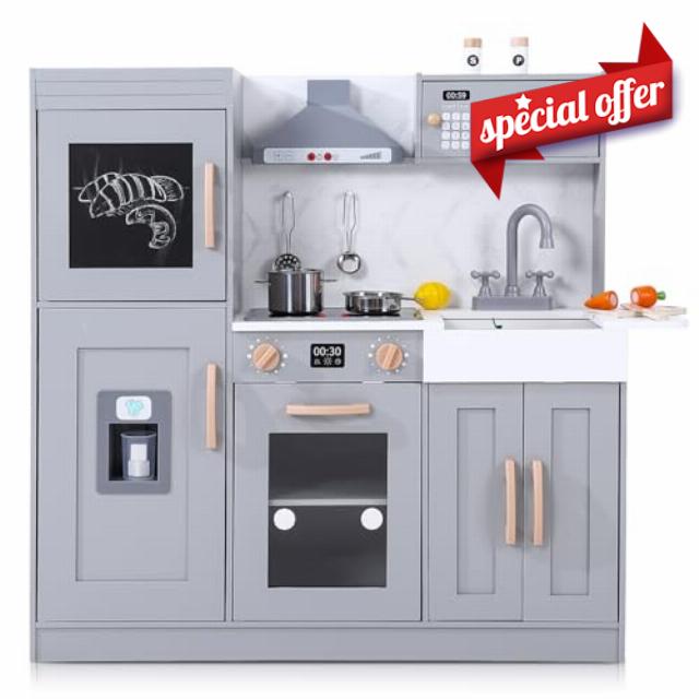 Wooden Play Kitchen - Kids Kitchen Playset with Cookware Accessories