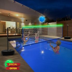 LED Pool Volleyball Net Set with Solar Colorful Lights|15''-32'' Adjustable Volleyball Game Set for Inground Pool