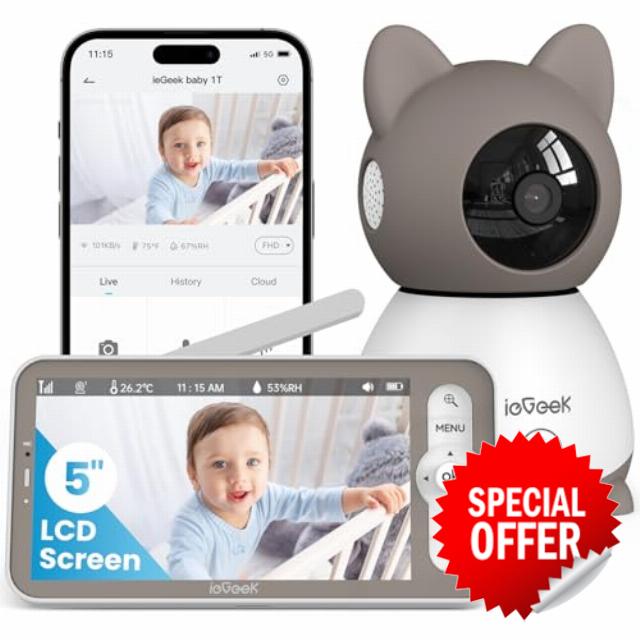 ieGeek 2K Baby Monitor Camera and Audio Smart Video Monitor with 5" Screen - Night Vision