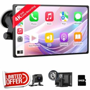 9 Inch IPS Touchscreen Wireless Carplay & Android Auto with 4K Dash Cam and 1080P Backup Camera