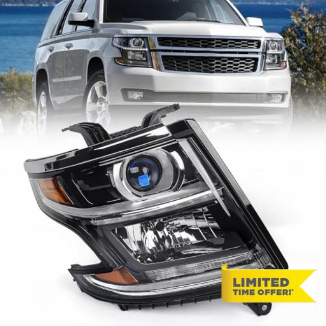 Headlight Compatible with Chevy Tahoe/Suburban 2015-2020 DRL Halogen Headlamp NOT HID Black Housing Replacement Right Passenger Side RH W/O Bulbs