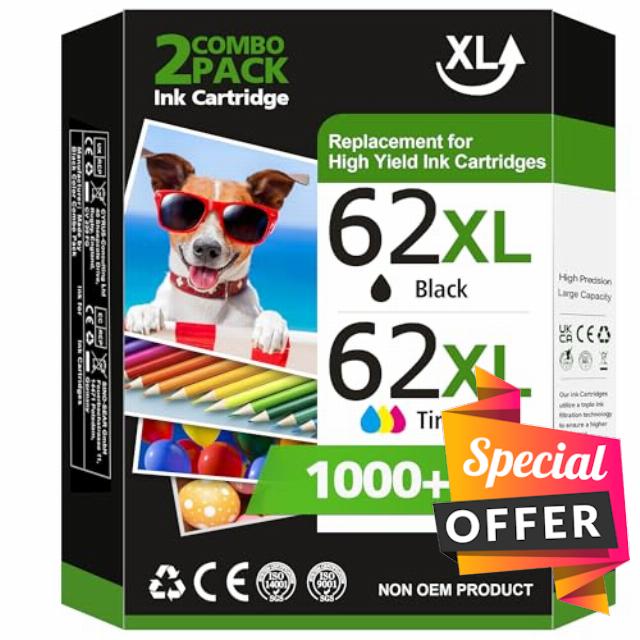 62 XL 62XL Ink Cartridges Black and Colour Multipack Replacement for HP 62 Ink Cartridges Twin Pack for HP Envy 5540 5541 5544 5546 5644 5541 5640 5646 5542 OfficeJet 200 250 5740 5742 (2-Pack)