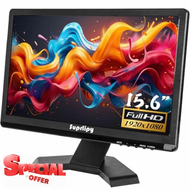 15.6 inch FHD Small IPS Monitor LCD Display Screen 1920x1080 60Hz 16:9 with BNC VGA AV Input Built-in Lounspeakers for CCTV Security Camera DVR PC RasPi
