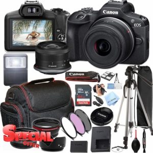 Canon EOS R100 24.2MP APS-C CMOS Sensor Mirrorless Camera with 18-45mm Lens + Case + 64GB Ultra Memory Card + Flash+ Filters + Lenses + More (Photo Essential Bundle) (Renewed)