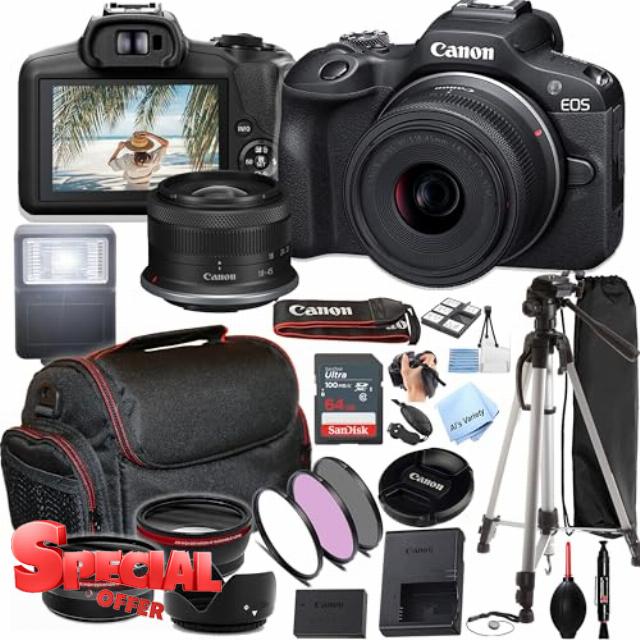 Canon EOS R100 24.2MP APS-C CMOS Sensor Mirrorless Camera with 18-45mm Lens + Case + 64GB Ultra Memory Card + Flash+ Filters + Lenses + More (Photo Essential Bundle) (Renewed)