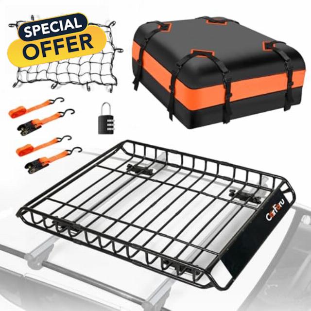 Roof Rack Basket 51" X 36" X 5" 250LB Capacity Rooftop Cargo Basket + 15 Cubic Feet Waterproof Rooftop Cargo Carrier Bag for SUV with Cargo Net