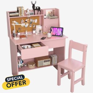 Pink Kids Desk and Chair Set for 5-12 Year Old