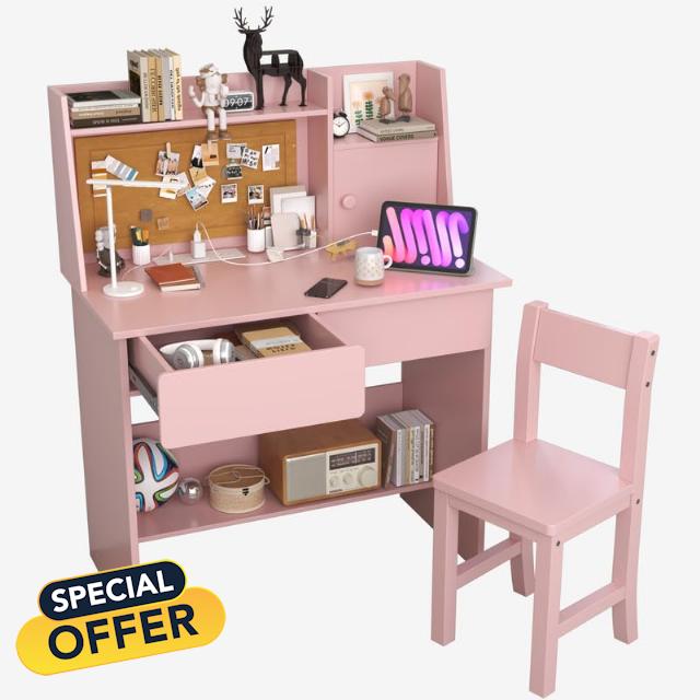 Pink Kids Desk and Chair Set for 5-12 Year Old