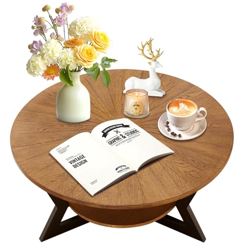 2-Tier Rustic Circle Coffee Table with Storage