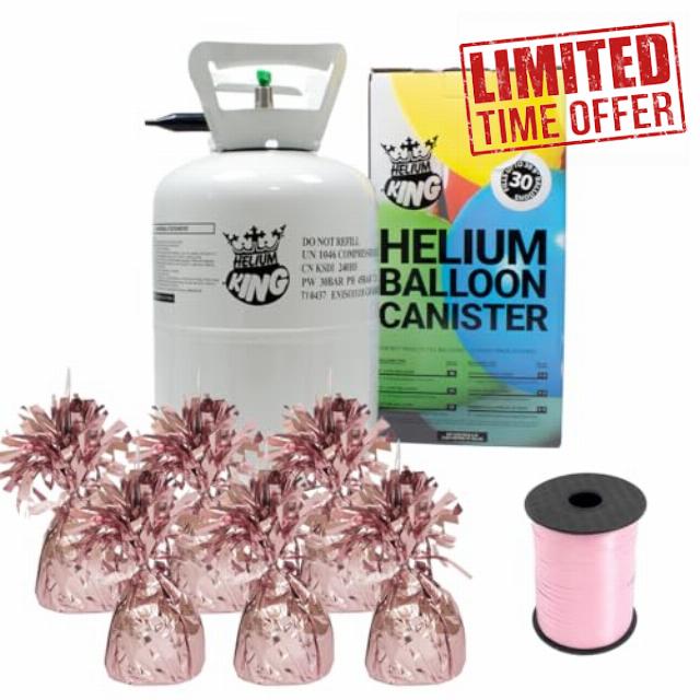 Small Helium Canister with Curling Ribbon and 6 Foil Balloon Weights (Baby Pink