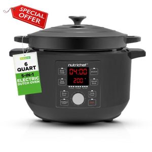 6 Quart Electric Dutch Oven | 1500W 5-in-1 Enamel Coated Cast Iron Pot with Stainless Steel Lid | Precise Temperature Control | Includes 2 Silicone Pot Holders & Heat Resistant Pad | (Black)