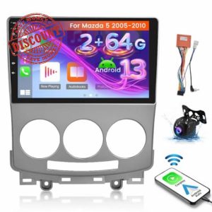 Android 13 Stereo for Mazda 5 2005-2010 - Wireless Carplay & Android Auto - [2+64G] 9 Inch Touch Screen Mazda Radio - Mirror Link/WiFi/GPS Navigation/EQ/Dual USB/SWC + AHD Backup Camera