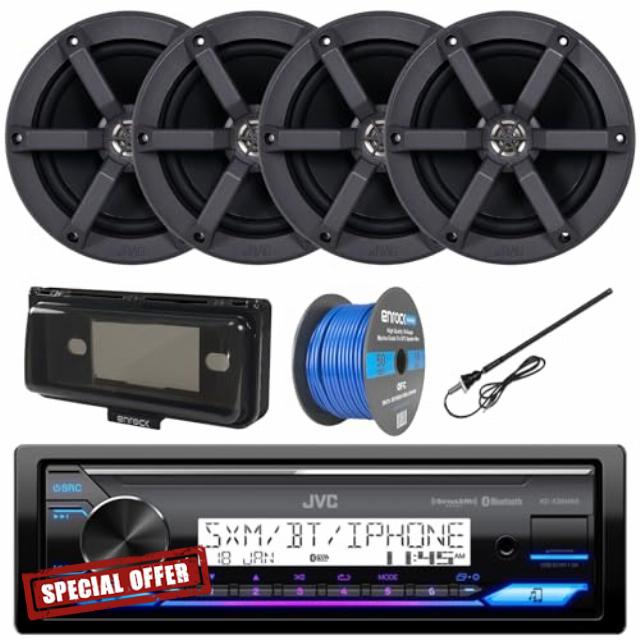 Single DIN Headunit Bluetooth Radio USB AUX AM/FM Digital Media Marine Receiver Bundle Combo with 2 Pairs (QTY 4) 6.5" 2-Way 100 Watts Peak Boat Audio Speakers
