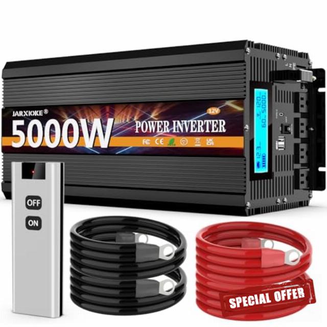 5000 Watt Power Inverter 12V DC to 110V 120V Converter for Family RV Off Grid Solar System Car with Type-C Ports 3 AC Power Outlets Dual USB Ports LCD Display Wireless Remote Control