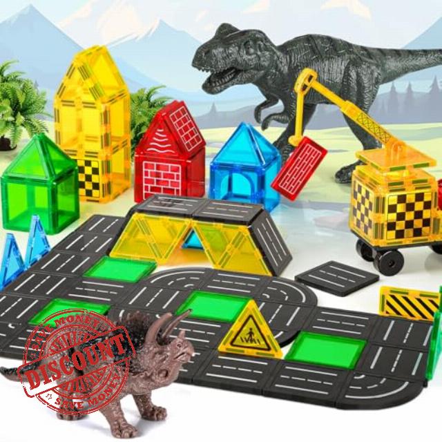 Magnetic Tiles Road Building Blocks - Magnet Crane Car Set for Kids Montessori Preschool STEM Learning Construction Dinosaur Toddler Toys for 3 4 5 6 7 8+ Year Old Boys Girls Christmas Birthday Gifts