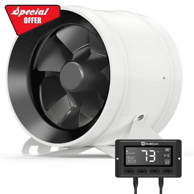 Hon&Guan 8 Inch Inline Duct Fan - 830 CFM with Quiet EC Motor & Temperature Humidity Smart Controller