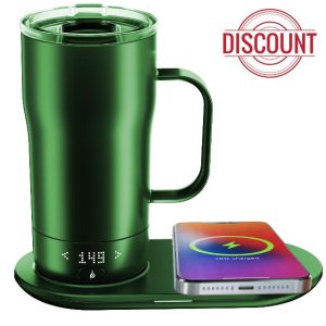 Smart Self Heating Coffee Mug 18 Oz Temperature Control Heated Coffee Mug App Controlled Warmer Mug 5-10 Hour LED Display Keep Coffee Hot All Day Fast Wireless Charger Base Light Green