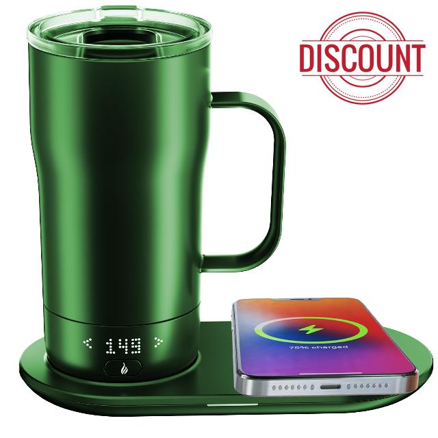 Smart Self Heating Coffee Mug 18 Oz Temperature Control Heated Coffee Mug App Controlled Warmer Mug 5-10 Hour LED Display Keep Coffee Hot All Day Fast Wireless Charger Base Light Green