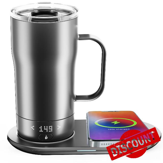 Smart Self Heating Coffee Mug 18 Oz Temperature Control Heated Coffee Mug App Controlled Warmer Mug 5-10 Hour LED Display Keep Coffee Hot All Day Fast Wireless Charger Base Deep Black