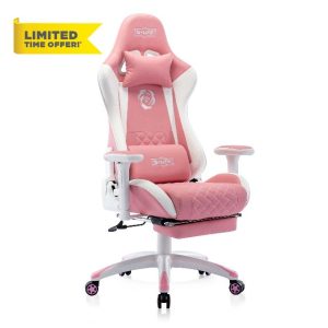S*MAX Pink Gaming Chair with Footrest Thicken Seat Ergonomic Pink Gamer Chair with 3D Armrest PU Leather Headrest and Lumbar Support High Back Gaming Chair for Girls Pink White